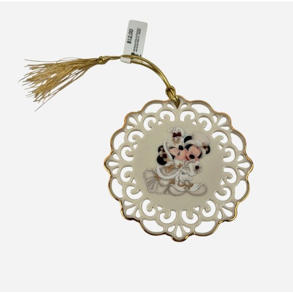 Walt Disney World Ornament A Mistletoe Kiss White Gold Trim Minnie Mickey NWT - Picture 3 of 10